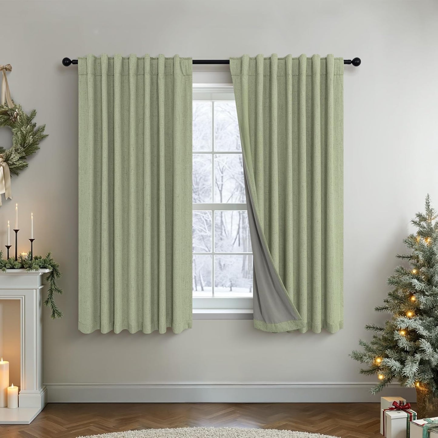 Light Sage Green Short Blackout Curtains for Small Bathroom Window Kitchen Door Back Tab Pocket 45 Inch Length 2 Panel Linen Look Noise Reducing Dampening Vintage Moody Curtain for Room Divider Closet