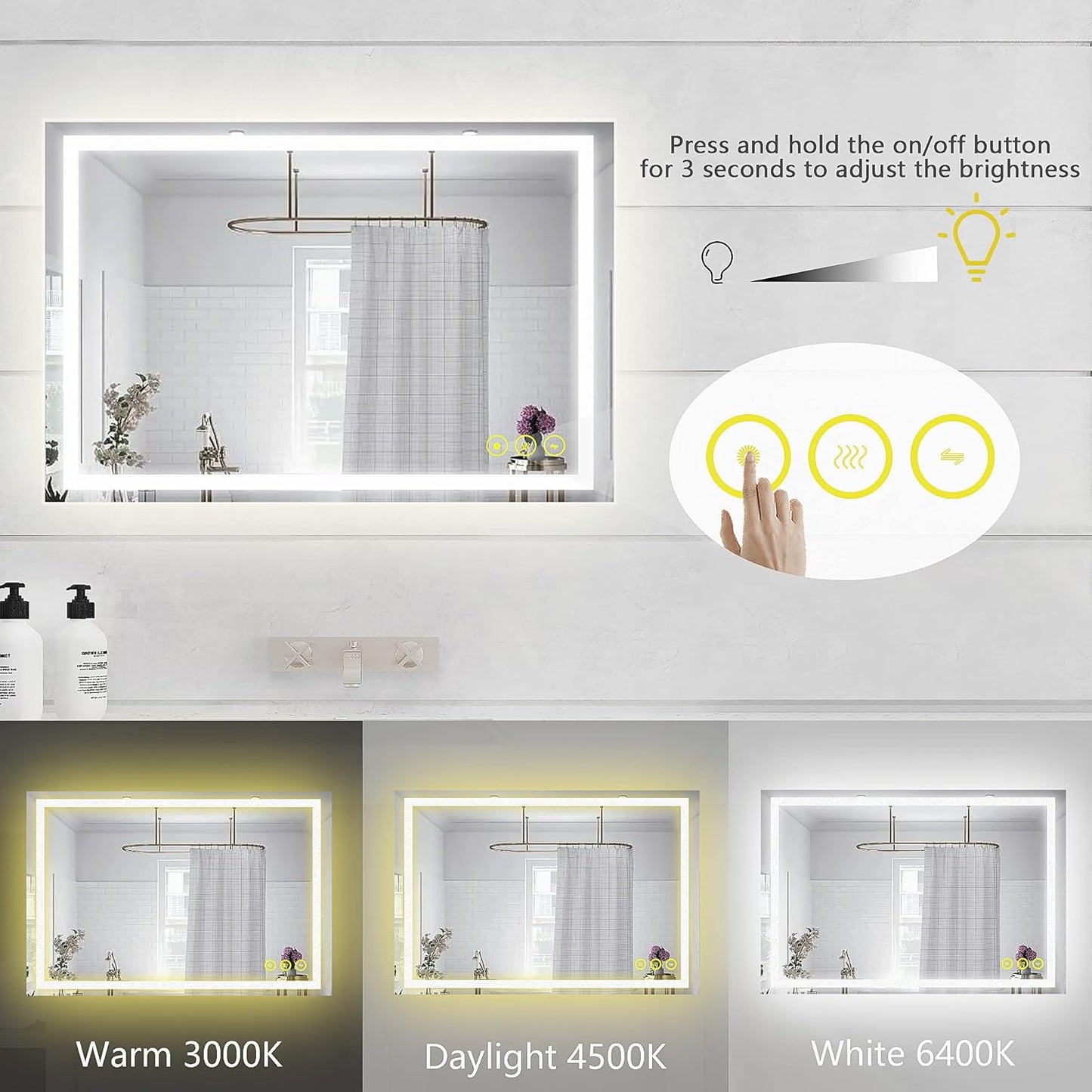 Wall-Mounted LED Square Bathroom Mirror, Makeup Mirror (36 inches x 24 inches,) 3 Color Stepless Dimmable Memory Bathroom Vanity Mirror with Lights CRI90+ 3000-6400K Smart Mirror with Touch