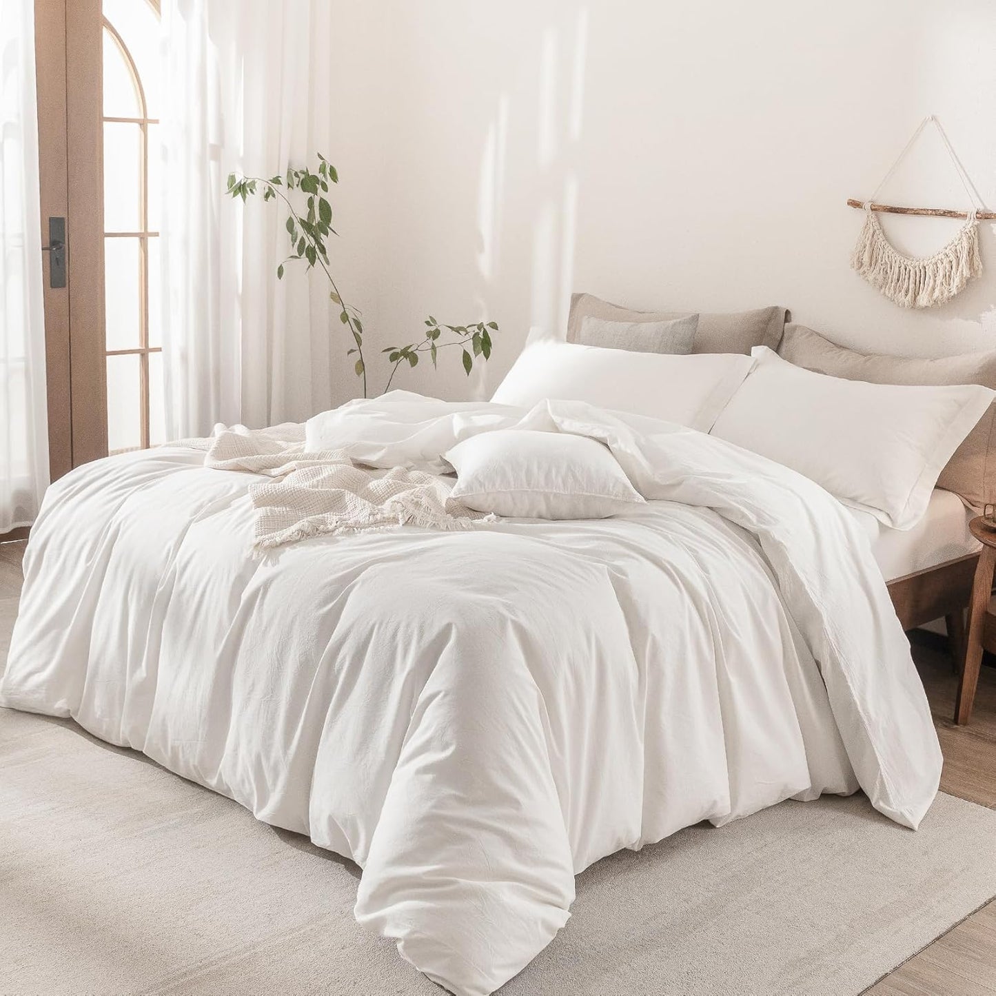 Off White Duvet Cover Queen Size 100% Washed Cotton Bedding Set Cover 1 Duvet Cover Zipper Closure and 2 Pillowcases, 90inch x 90inch