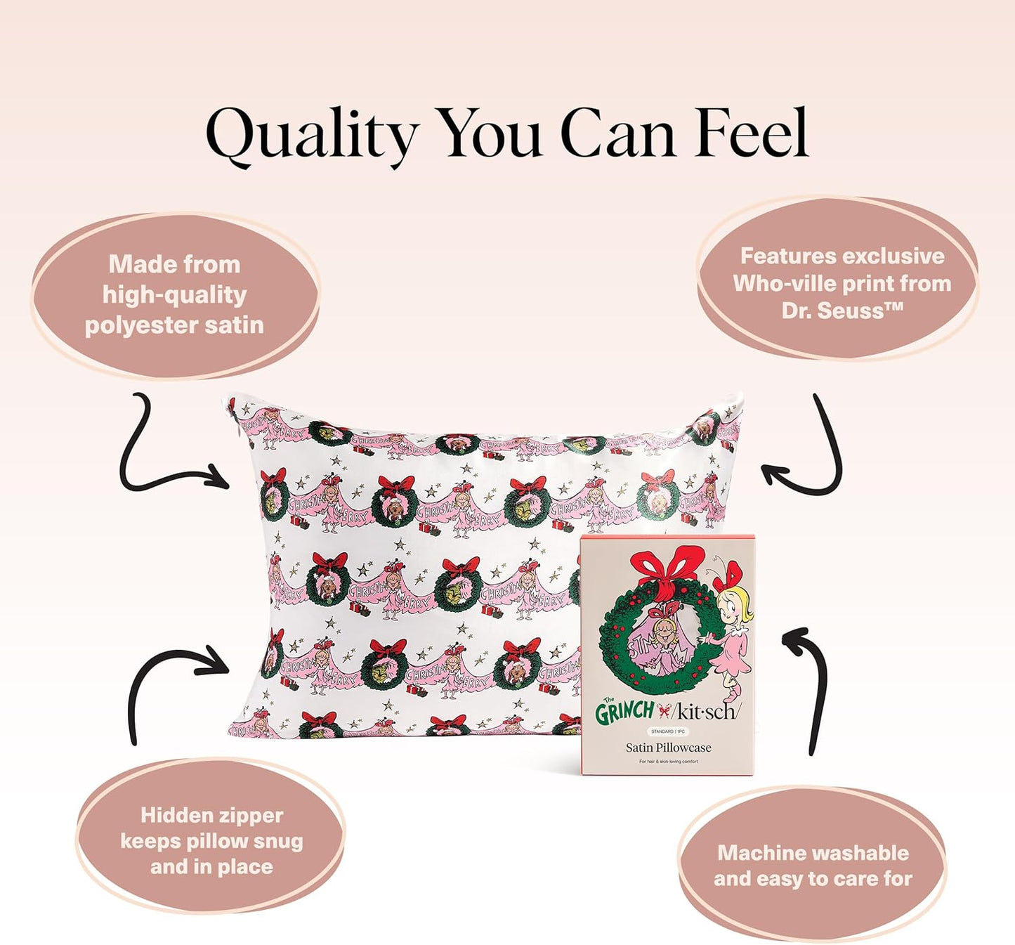 The Grinch x Kitsch Satin Pillowcase with Zipper for Hair & Skin - Softer Than Silk Pillow Cases, Smooth Cooling Pillow Cover, Wrinkle-Free, Machine Washable, Queen/Standard (19x26)- Cindy Lou