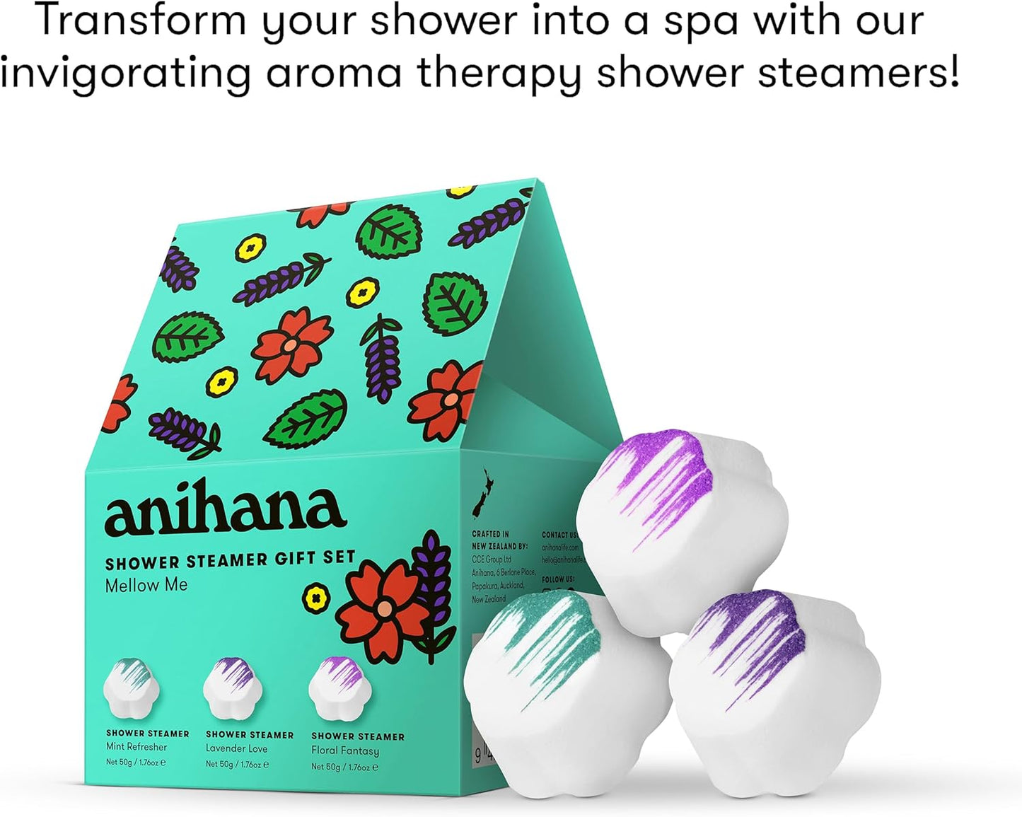 ANIHANA Shower Steamers 3 Pack Gift Set with Essential Oils Paraben Free Mint Refresher, Lavender Love, Floral Fantasy, 1.76 oz Each