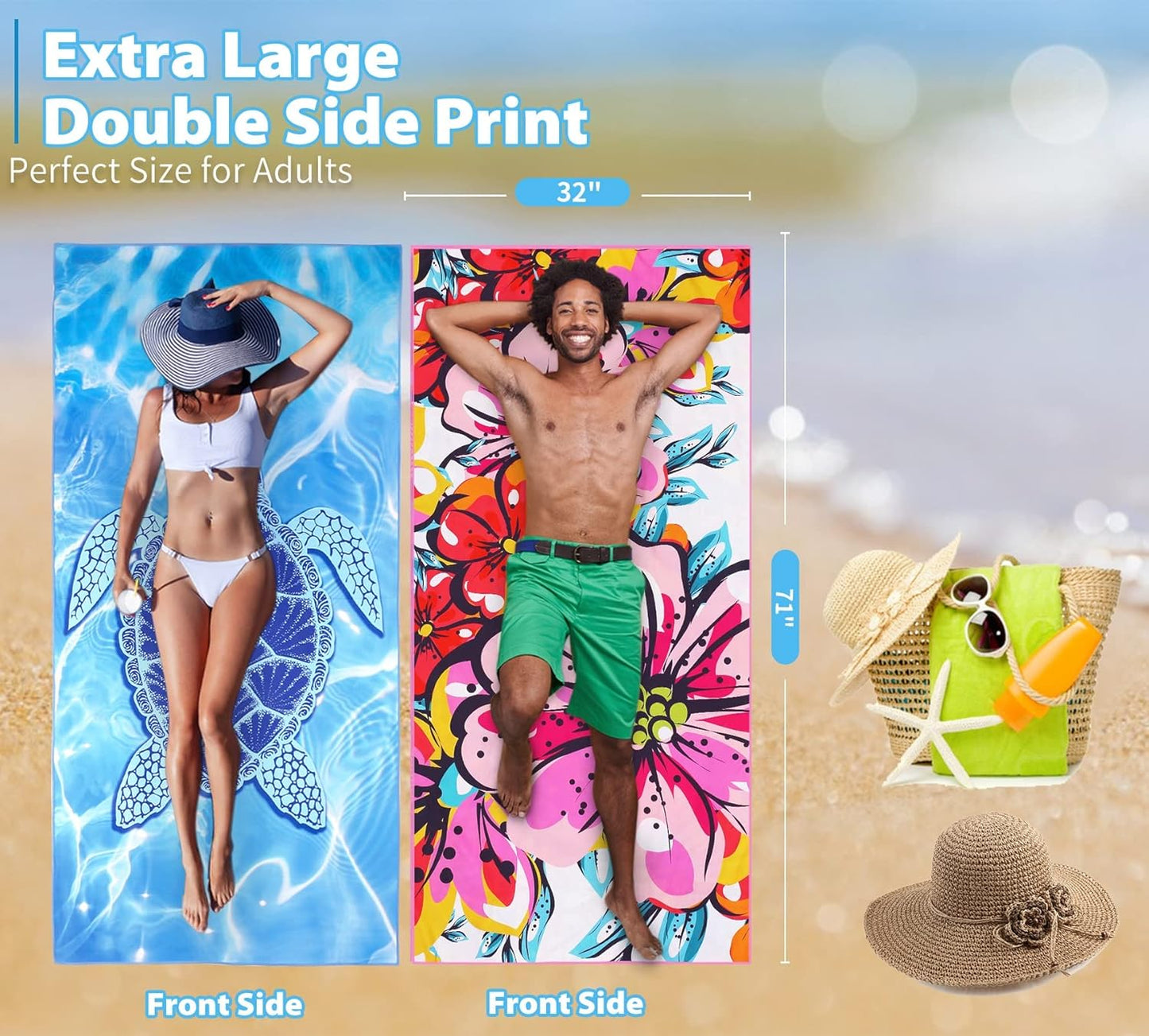 2 Pack Microfiber Thin Beach Towel Lightweight 71x32 Oversized Extra Large Sand Free Towels Quick Dry for Travel Pool Yoga Gym Sports Beach Accessories Vacation Essential Gift