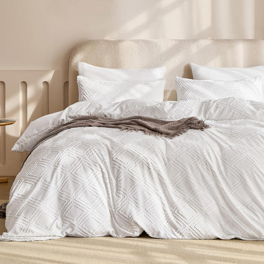 JELLYMONI Duvet Cover Twin Size Bright White - 3PCS Boho Duvet Cover Set Plaid Polyester Tufted Bohemian Jacquard Knit Textured Comforter Cover 68×90in Rhombic Geometric Pattern Corner Ties & Zipper