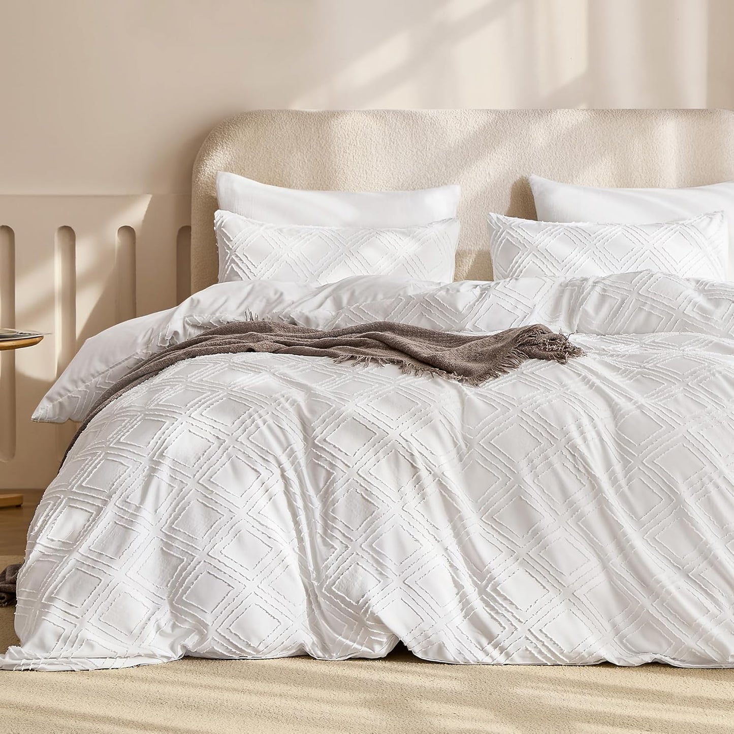 JELLYMONI Duvet Cover Full Size Bright White - 3PCS Boho Duvet Cover Set Plaid Polyester Tufted Bohemian Jacquard Knit Textured Comforter Cover 80×90in Rhombic Geometric Pattern Corner Ties & Zipper