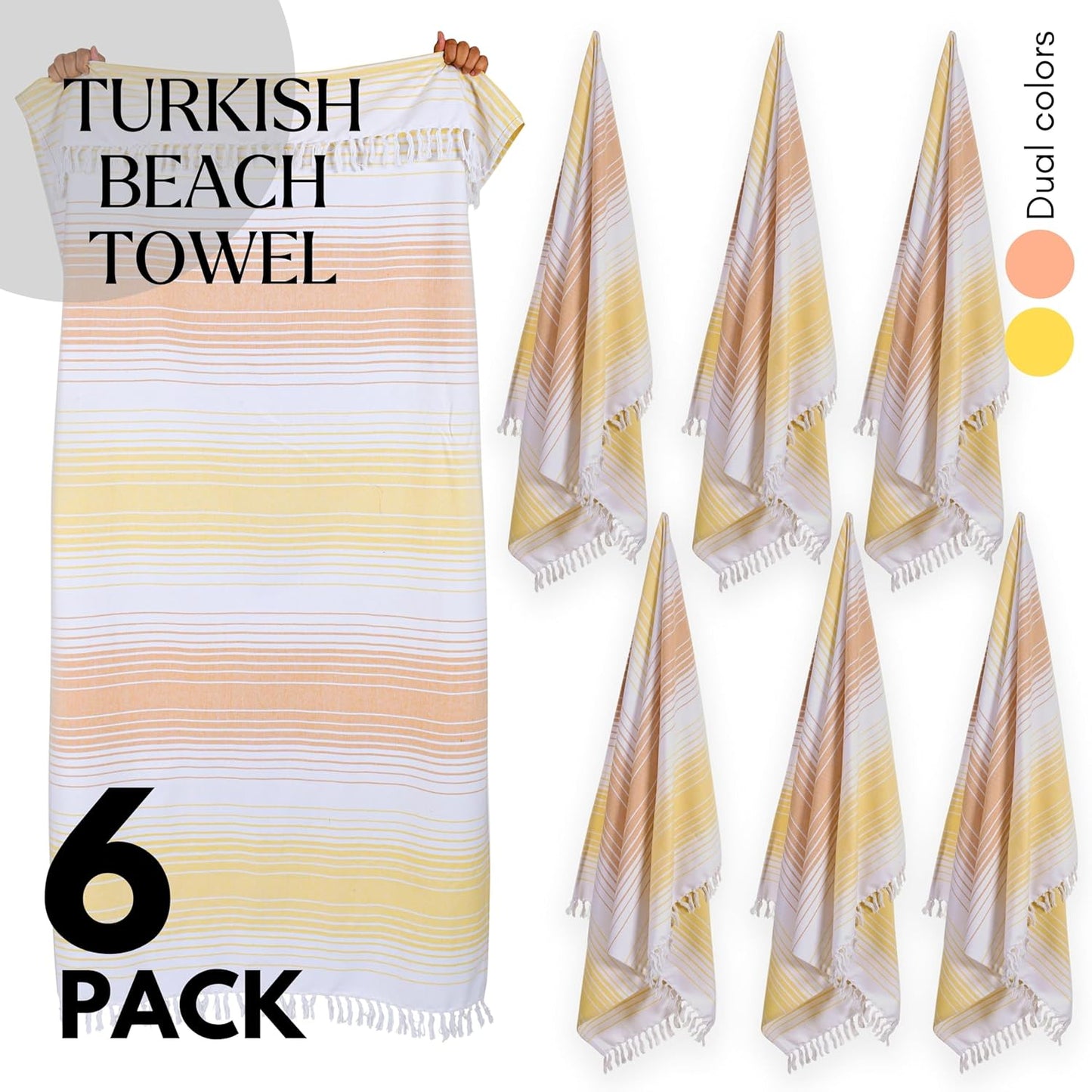Native Fab Turkish Stripe Beach Towels - Set of 6 - Extra Large 40x71 Inch - 100% Cotton Quick Dry Lightweight Thin Sand Free - Hammam Towel for Adults, Bath, Spa, Pool, Camp - Yellow