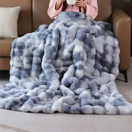 Faux Fur Soft Fluffy Tie-dye Blue Throw Blanket for Living Room Bedroom Couch 60X80 Fuzzy Bubble Thick Throw Blanket Decorative Blanket Home Decor 860 GSM