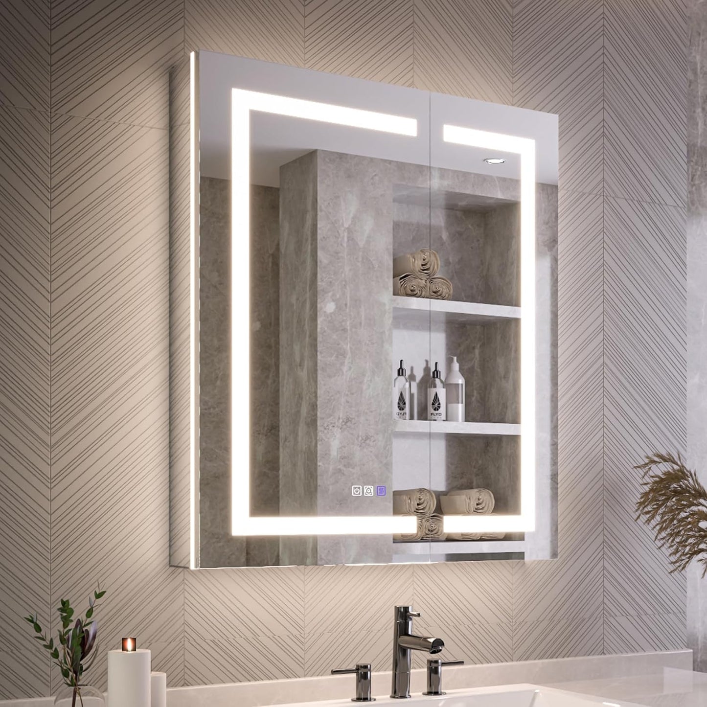 Lighted Medicine Cabinet with Mirror 30"x36" Recessed LED Medicine Cabinet Mirror, Front&Backlit, Anti-Fog, Stepless Dimming, 3-Color Temperatures, Magnifier, 2 Outlets, Storage Shelves, ETL Certified