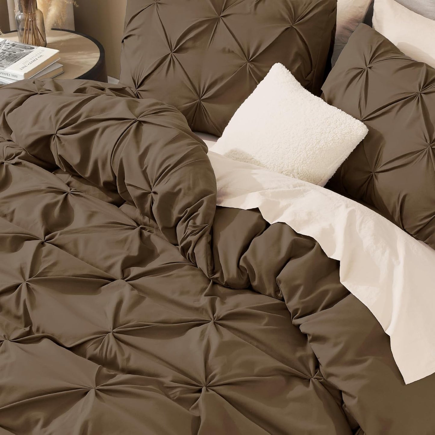 Litanika Brown California King Pinch Pleat Duvet Cover, 3 Pieces Pintuck Cover Soft Microfiber Bedding Set with Zipper Closure & Corner Ties(1 Duvet Cover, 2 Pillowcases)