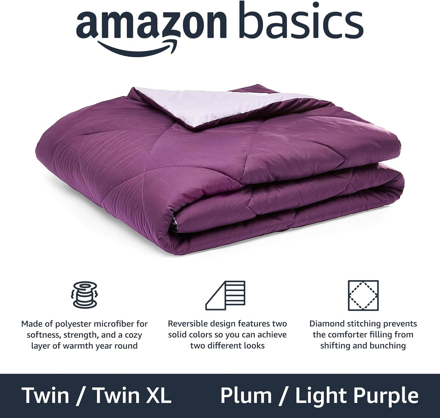 Amazon Basics Comforter Blanket Twin/Twin XL, Reversible Lightweight Microfiber All Season Blanket, Plum/Light Purple