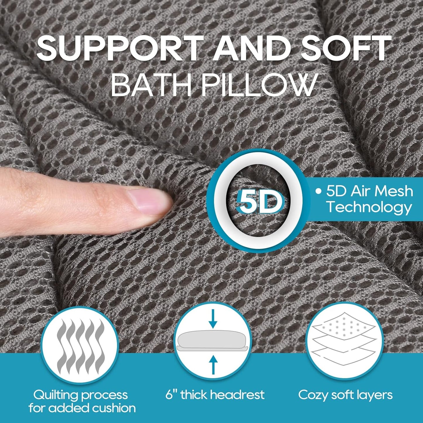OMYSTYLE Full Body Bath Pillow, Bath Pillows for tub with Mesh Washing Bag & 21 Non-Slip Suction Cups, Spa Bathtub for Head Neck Shoulder and Back Support - 5D Air Mesh & Quick Drying | Gray