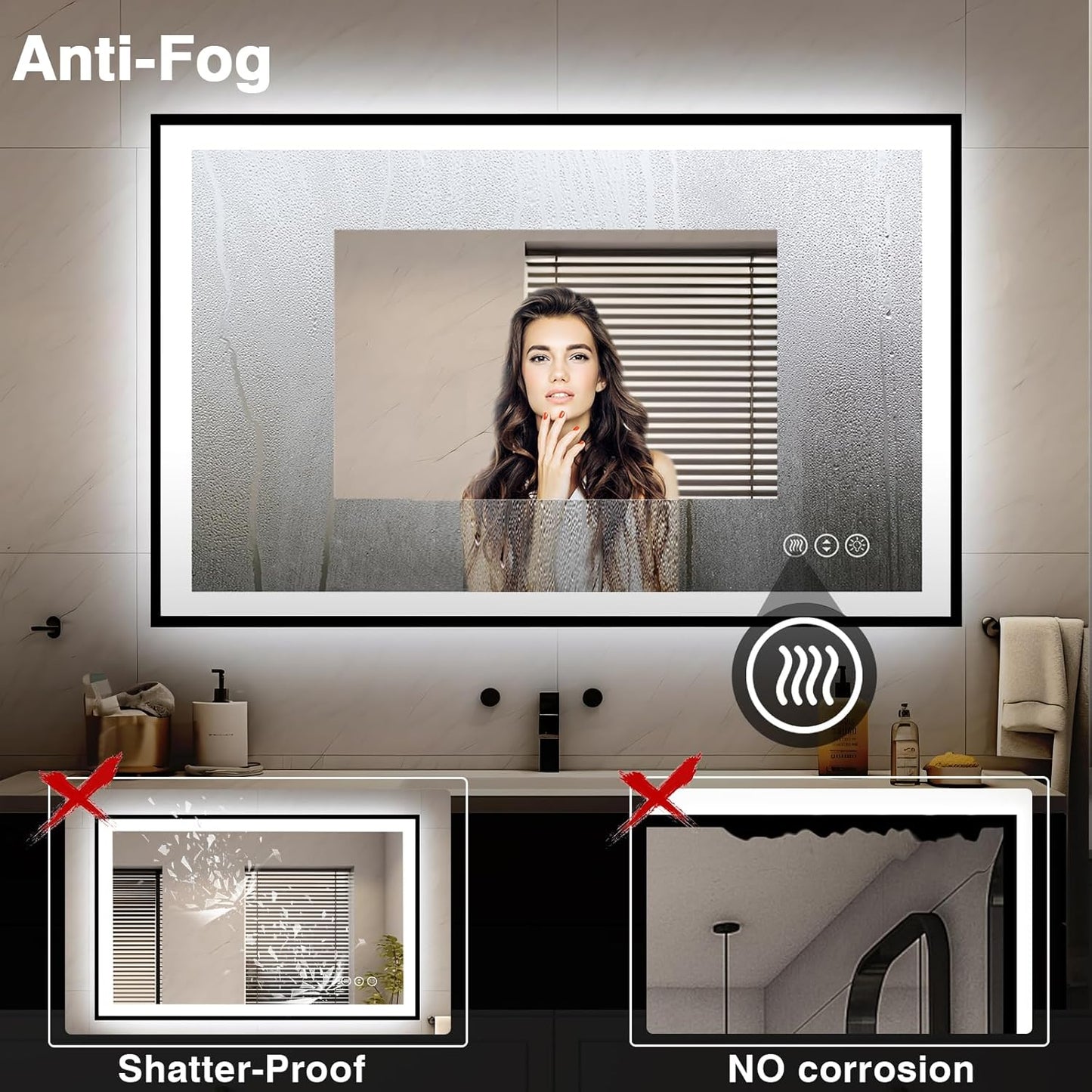 48x32 LED Bathroom Mirrors for Wall -Black Aluminum Framed (Front and Backlit), Anti-Fog Vanity Mirror With Lights,Stepless Dimmable Lighted Mirror,3 Colors Smart Mirror(Horizontal/Vertical)