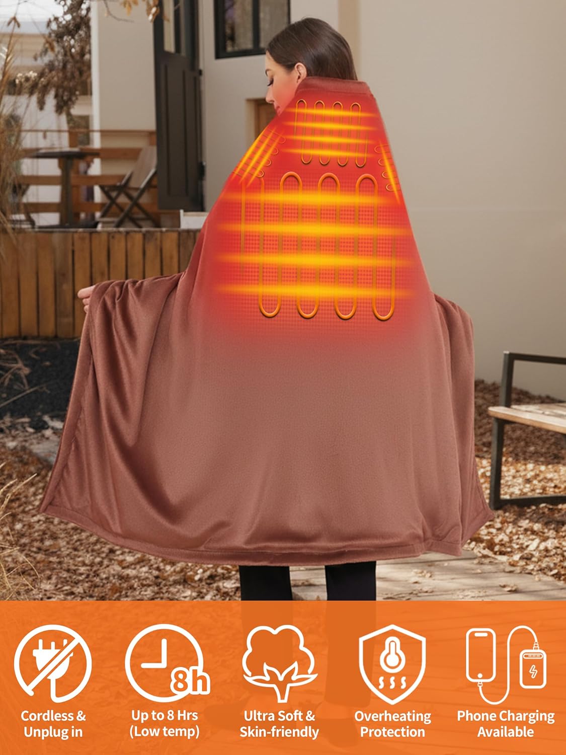 Electric Heated Blanket Battery Operated, Portable Heated Shawl for Neck and Shoulders and Back, Heating Blanket with Zipper and Pockets, 20000mAh, 3 Heating Levels, up to 8 Hours