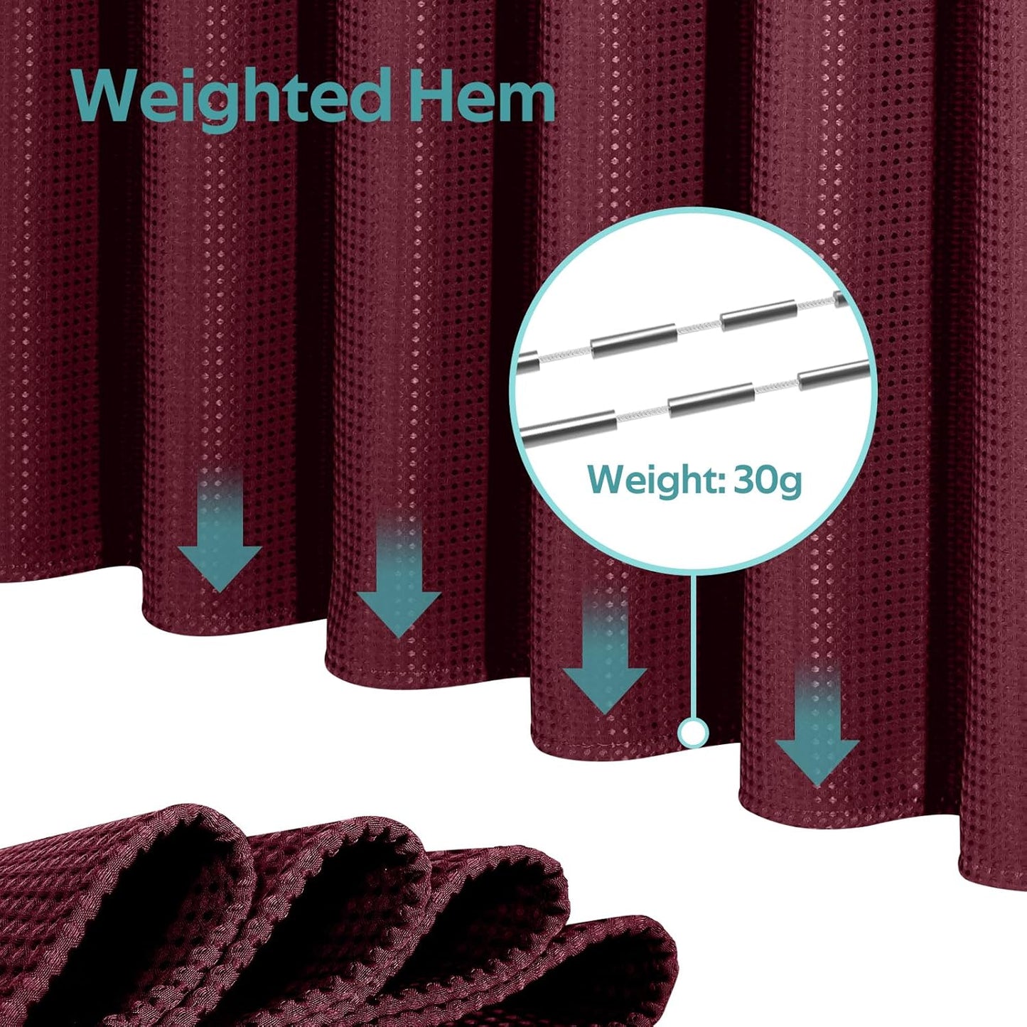 3 in 1 Shower Curtain Set, Waffle Shower Curtain and Liner Set with 12 Double Sided Shower Curtain Hooks, 258GSM Luxury Weighted Cloth Shower Curtains for Bathroom, 72 W x 72 H, Burgundy