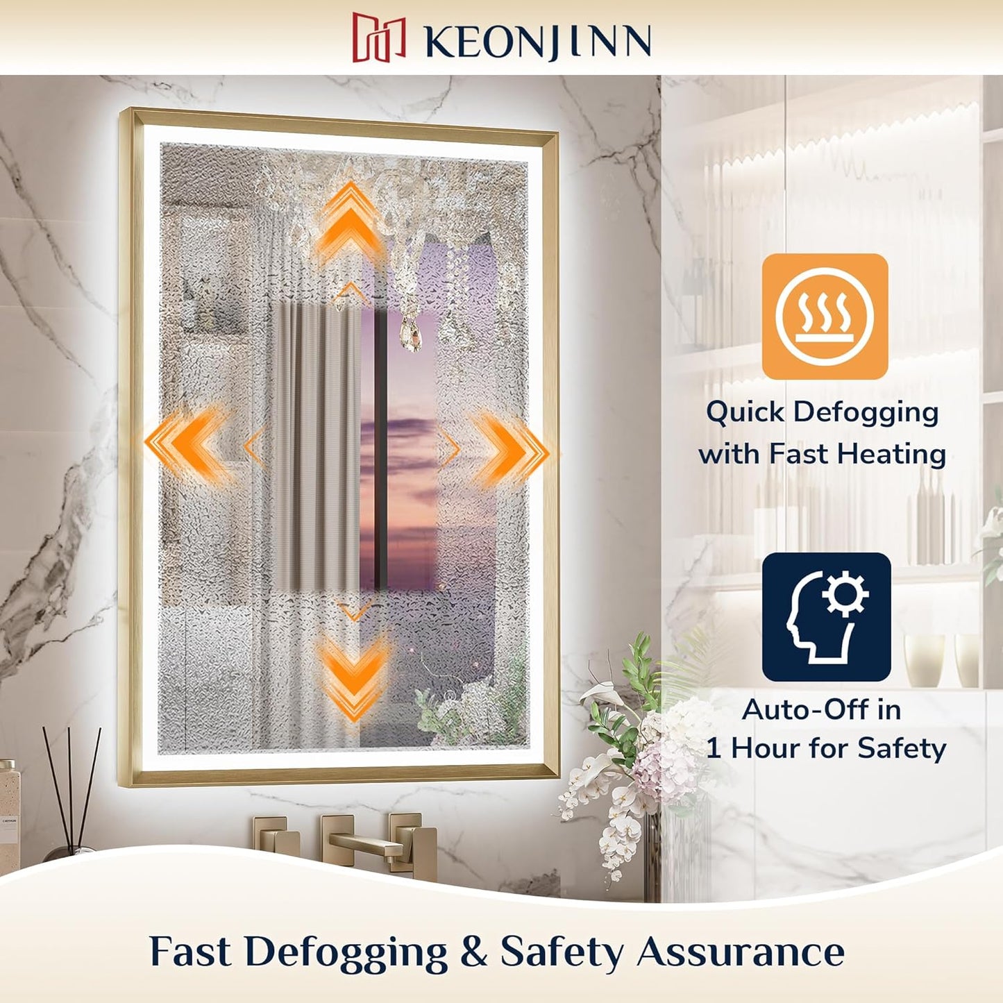 Keonjinn 48” x 36” LED Bathroom Mirror with Frontlit & Backlit, Gold Metal Framed Lighted Mirror with Stepless Dimmable 3-Color Temperatures, Anti Fog, UL-Listed Driver, No Dark Corner