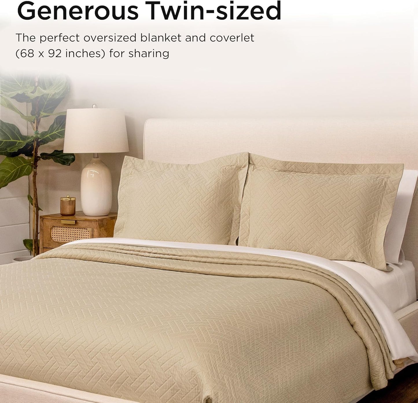 Threadmill Luxury Cotton Blankets for Twin Size Bed | All-Season 100% Cotton Twin Blanket for Bed | Criss Cross Jacquard Lightweight, Soft & Cozy Coverlet, 350GSM, 68 x 90 inches | Beige