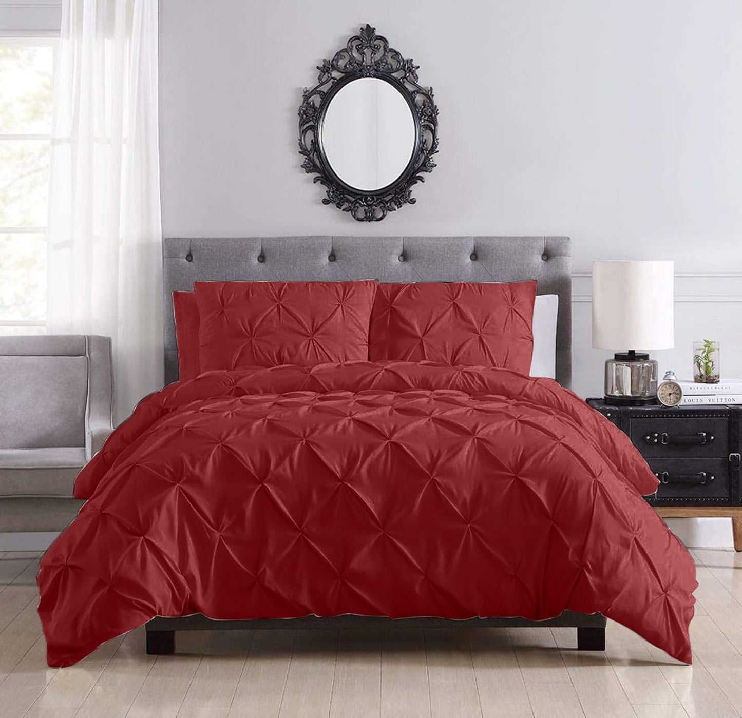 Pinch Pleated Duvet Cover Set 100% Brushed Microfiber 3PC Oversize Plus Size 128x120 Duvet Cover Set, Decorative Pinch Design Burgundy Duvet Cover with Matching Pillow Case