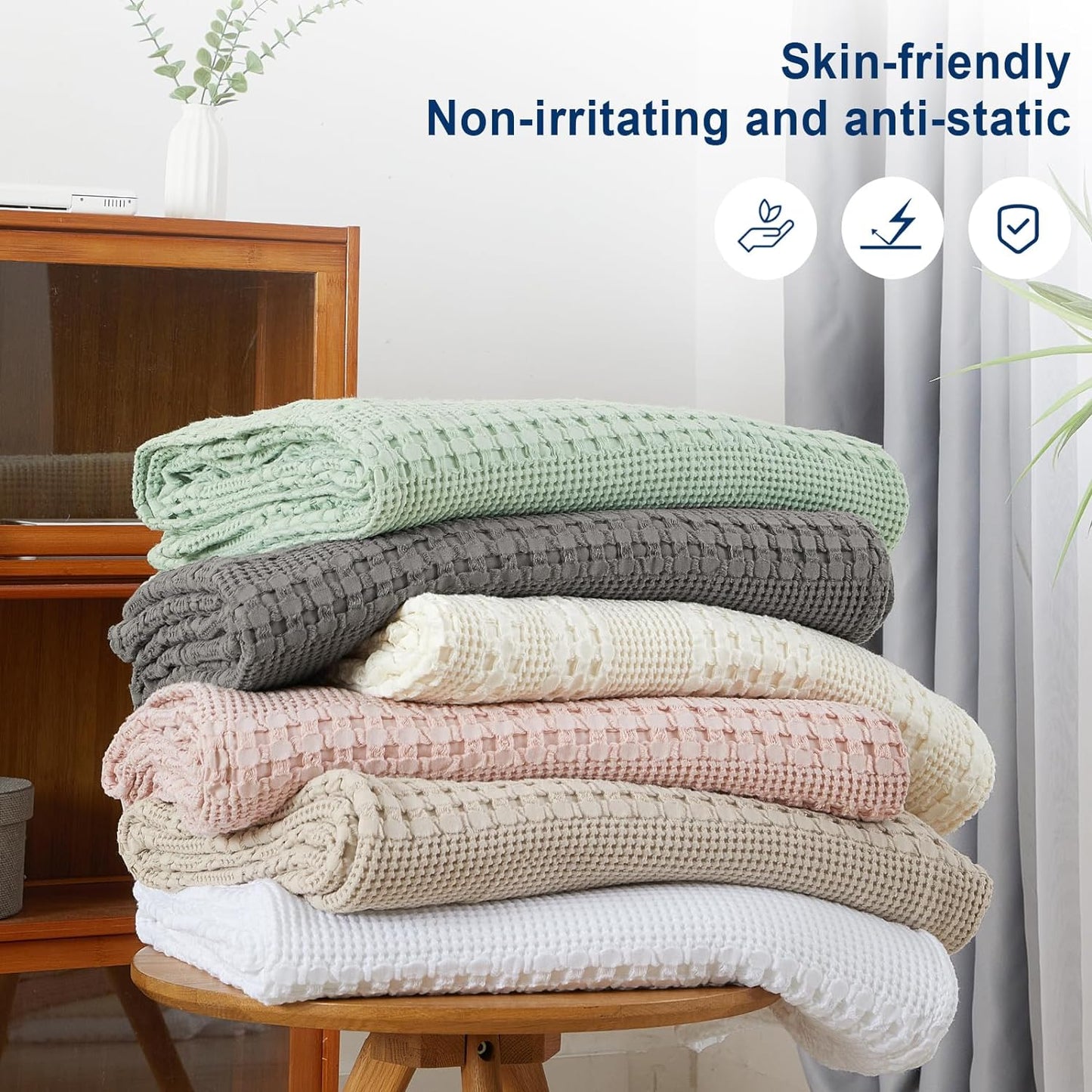 PHF 100% Cotton Waffle Weave Blanket Queen Size for Bed, Soft Lightweight & Breathable, All-Season Comfort, Luxury Aesthetic Woven Bedding for Home Decor, 90"x90", Cannoli Cream