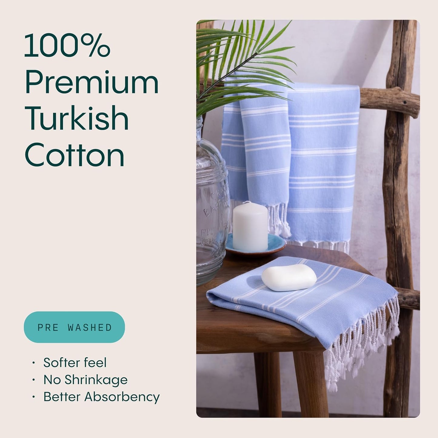 WETCAT Turkish Hand Towels with Hanging Loop, Set of 2 (20" x 30") 100% Turkish Cotton, Pre-Washed, Quick Drying, for Kitchen or Bathroom - Light Blue