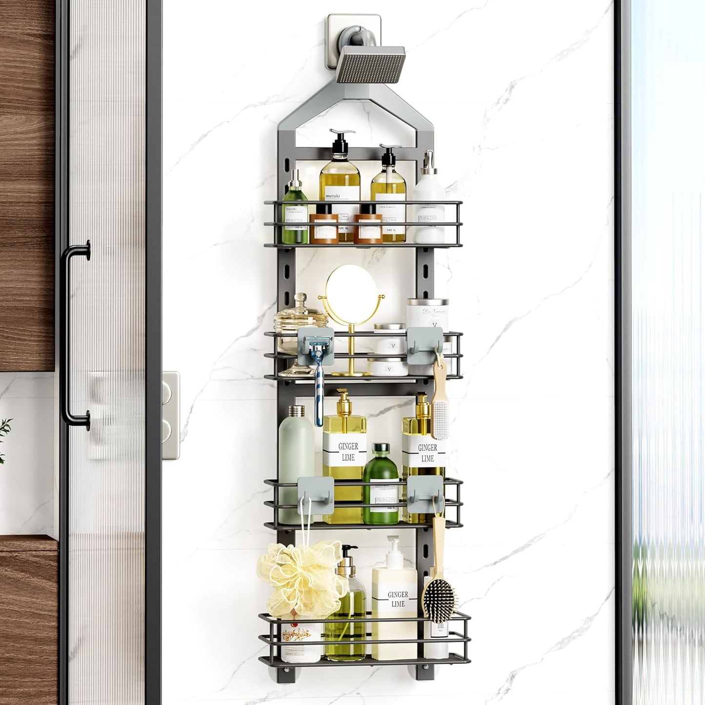 Orimade 4 Tier Adjustable Anti-slip Shower Caddy over Shower Head,Rustproof Bathroom Hanging shower Organizer with 4 Hooks for Razor,No Drilling Shower shelves Storage Rack,Grey