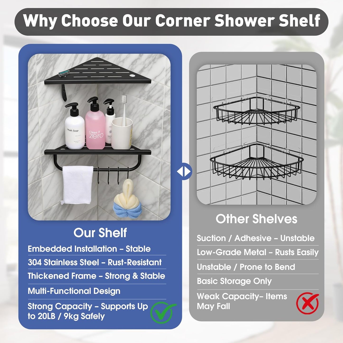 Corner Shower Shelf, 10'' Shower Corner Shelf with Towel Bar & Hooks, 304 Stainless Steel Recessed Bathroom Shelves, No Drilling for Tiled Wall, 2-Pack (Matte Black)
