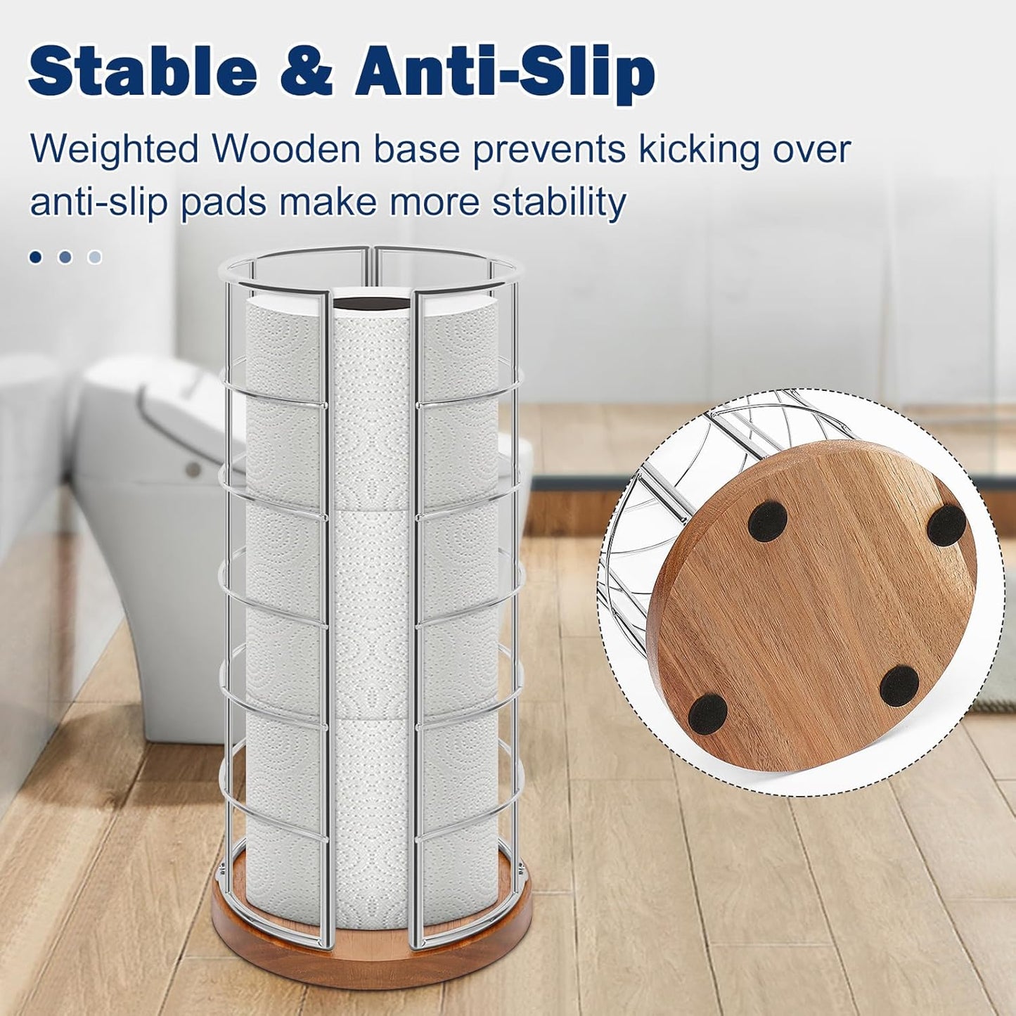 NearMoon Toilet Paper Organizer Stand, Freestanding 3 Rolls Tissue Storage, Metal Bathroom Accessory, Rustproof Toilet Roll Holder for Kitchen Countertop Inside Cabinet Shelf(Wooden Base, Chrome)