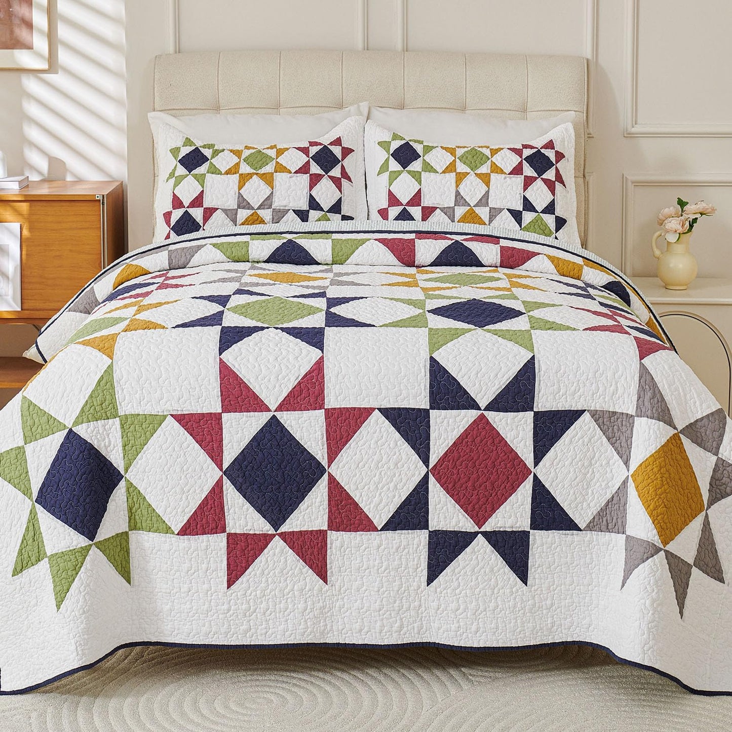 Cmfshape Quilt Sets Bedspread Set 100% Cotton Real Patchwork Bedding Set, All Season Use Lightweight Reversible Coverlet Quilts with 2 Pillow Shams(Queen 90"x90")