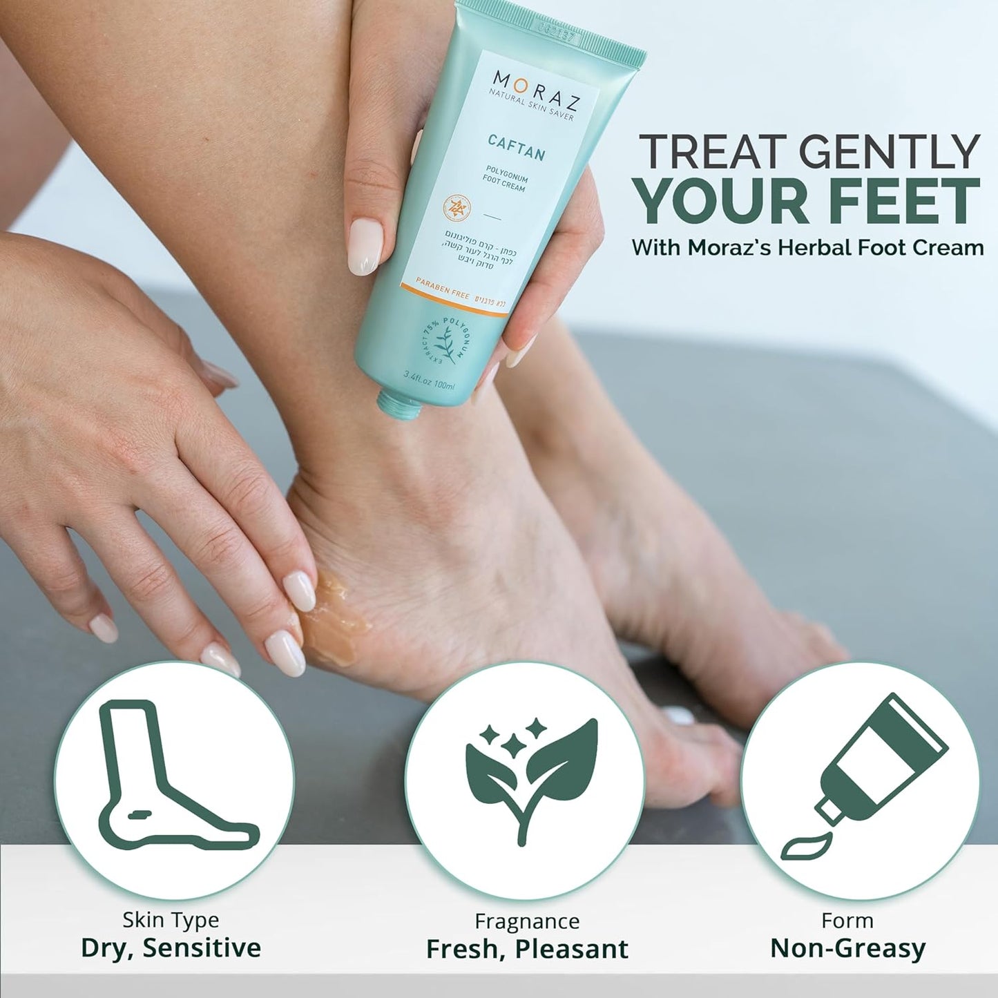 Moraz Caftan Polygonum Foot Cream for Dry Cracked Heels and Feet with 75% Polygonum Extract – Non-greasy, Fast-absorbing Intensive Foot Moisturizer for Dry Cracked Feet, Vegan, Paraben Free, 3.4 Fl Oz