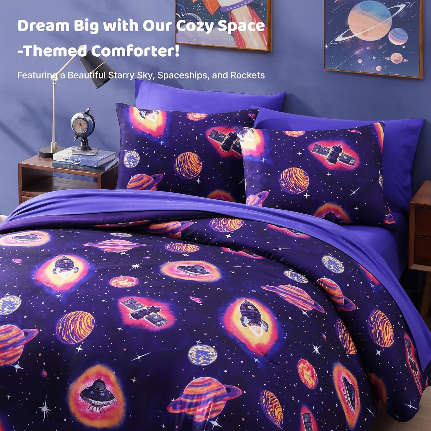Twin Comforter Set for Boys-5 Pieces Space Rocket Twin Bedding Sets for Kids, Ultra Soft Bed in A Bag with Sheets