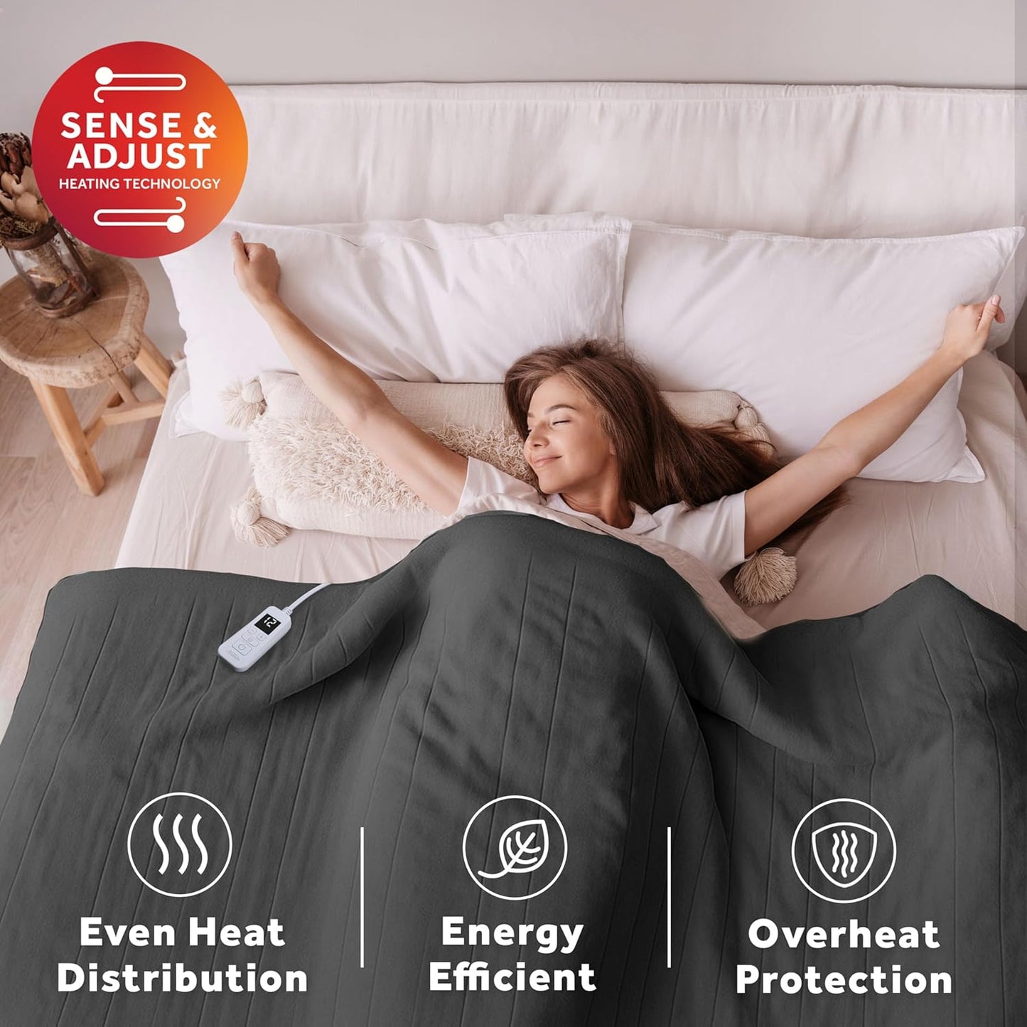 Sunbeam Electric Royal Luxe Microplush Heated Blanket, 12 Heat Settings, 12-Hour Auto Shut-Off, Fast Heating, Warm & Cozy, Machine Washable, Night Fog Color, Full (84" x 72")