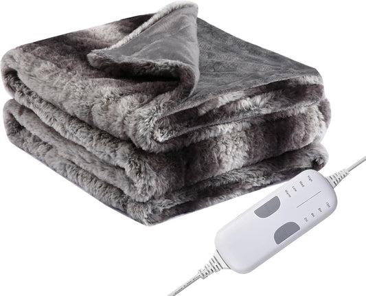 Electric Heated Blanket Throw Size 50" x 60", Super Cozy Warmth Soft with 4 Heating Levels & 4 Hours Auto Off, Plush Faux Fur, Machine Washable, Home Office Use, Gray White