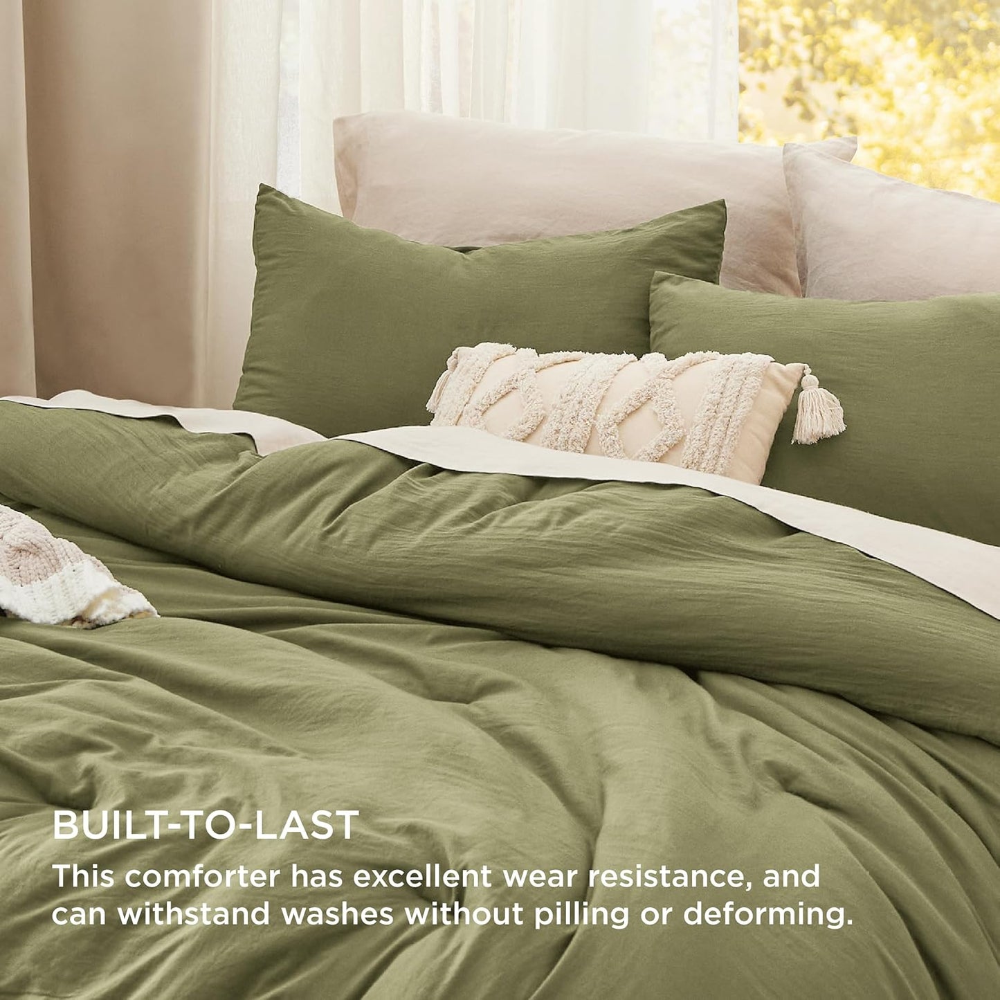Bedsure Queen Size Comforter Set, Olive Green Soft Prewashed Bedding for All Seasons, 3 Pieces GentleSoft™ Warm Down Alternative Bed Set, 1 Lightweight Comforter (90"x90") and 2 Pillowcases (20"x26")