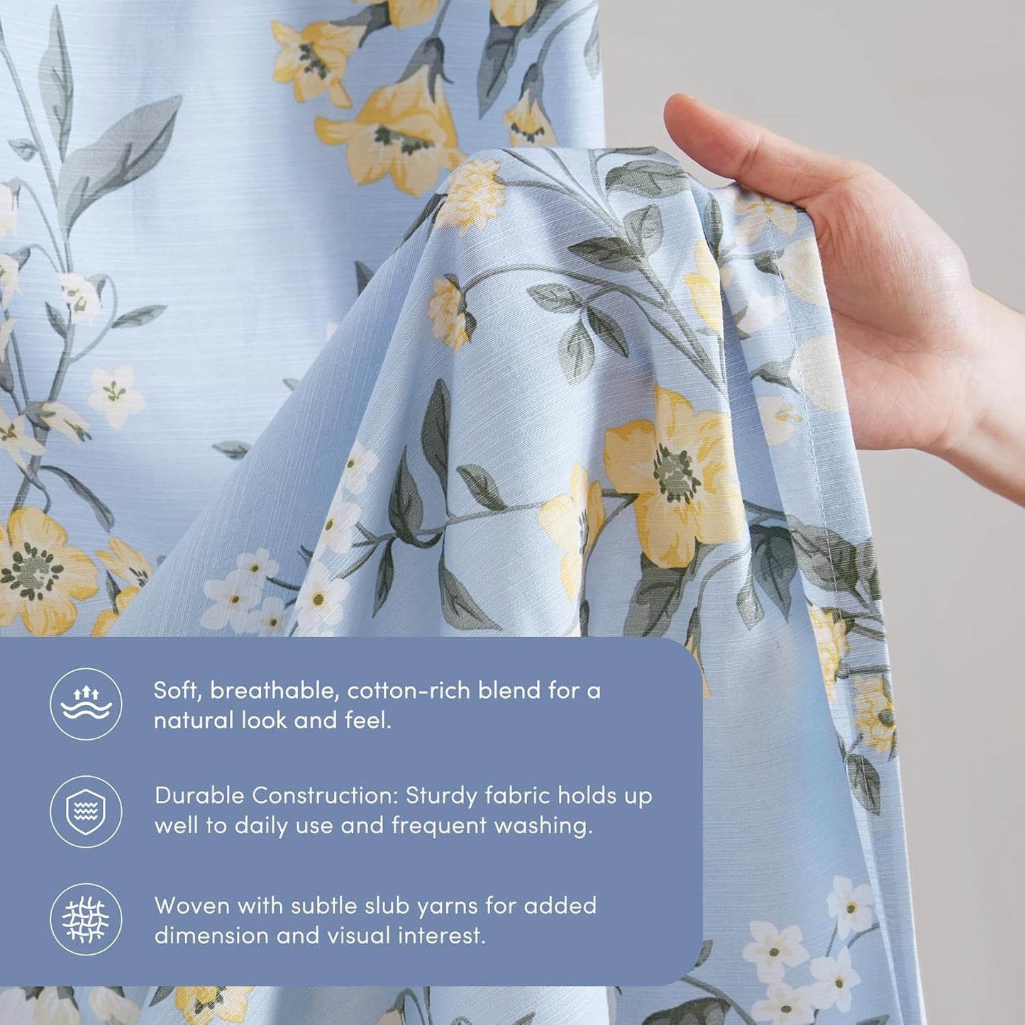 Martha Stewart Meadow Floral Shower Curtain, Cotton-Rich Slub Texture, Timeless Garden Design, Classic to Modern Farmhouse Bathroom Decor, Machine Washable 72"x72", Blue