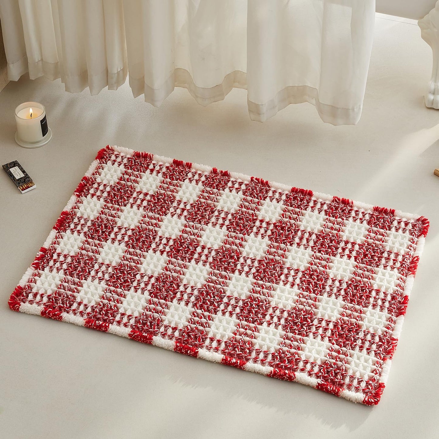 Waffle Bath Mat, Boho Christmas Bathroom Rugs Non Slip Washable Absorbent Checkered Bathroom Mat Quick Dry Cute Bath Mat, 30"x20" Red and White