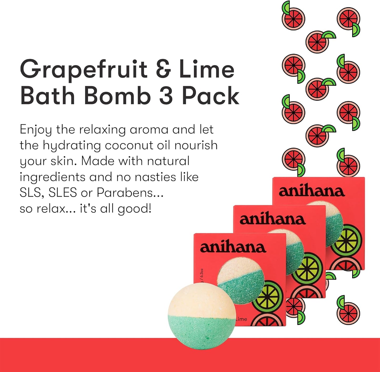 ANIHANA Bath Bombs with Coconut Oil, Paraben Free, Hand-Crafted Luxury Fizzers, Refreshing Grapefruit & Lime Scent, 6.3 oz Each, 3 Pack