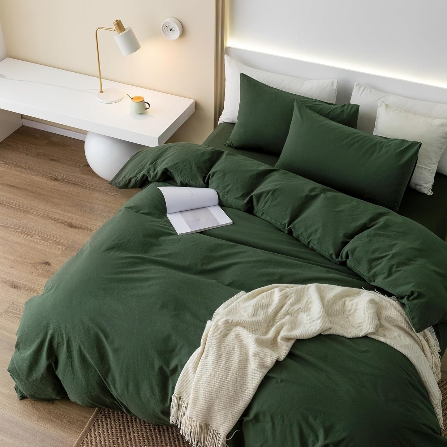 JIYUAN 100% Washed Cotton Duvet Cover Set 3 PCS Oversized King Plus, 1 Duvet Cover 128"x120"(Comforter Not Included) and 2 Pillowcases,Linen Feel Bedding Set Comfy and Breathable,Forest Green