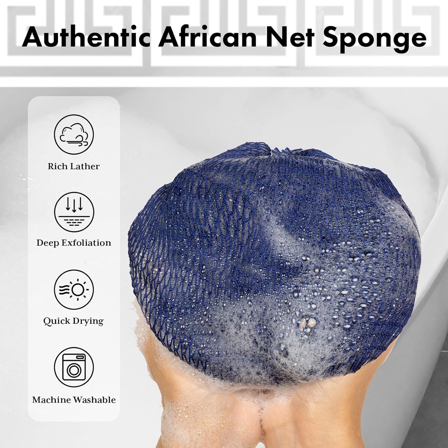 African Net Sponge Authentic with Handles (Set of 2), African Exfoliating Net Sponge, Exfoliating Body Scrubber Bath Sponge - Bathing Accessories with Storage Bag (Blue & Black)