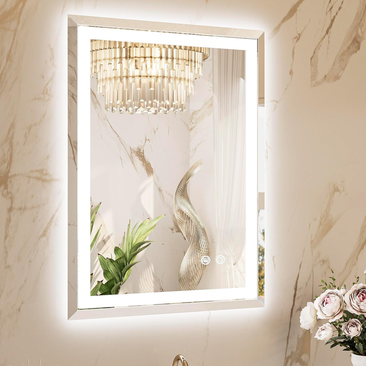 TETOTE Led Bathroom Mirror with Lights 24 x 32 Inch, Beveled Lighted Vanity Front and Backlit Anti-Fog Mirror Wall Mounted for Modern Bathroom, 3-Color Extra-Bright Lights, Tempered Glass