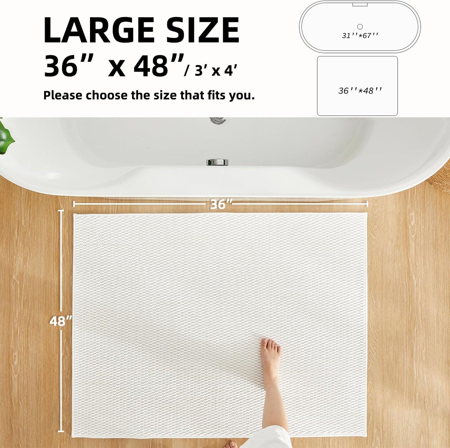 Large Bathroom Rugs Non Slip Washable Bath Rugs Super Absorbent Bathroom Rug Thin Quick Dry Low Pile Bath Mats, White 36"x48"