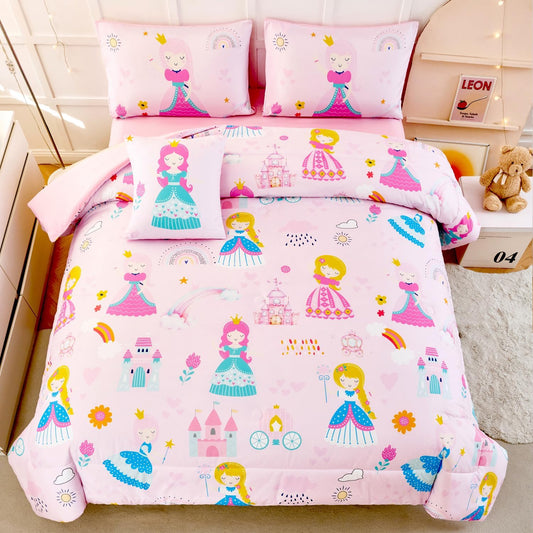 ANGIYUIN 6Pcs Pink Princess Kids Comforter Set Full Cute Rainbow Girl Bed in A Bag Fairy Tales Castle Bedding Set(1 Comforter, 1 Flat Sheet, 1 Fitted Sheet, 2 Pillowcases,1 Square Pillowcases)