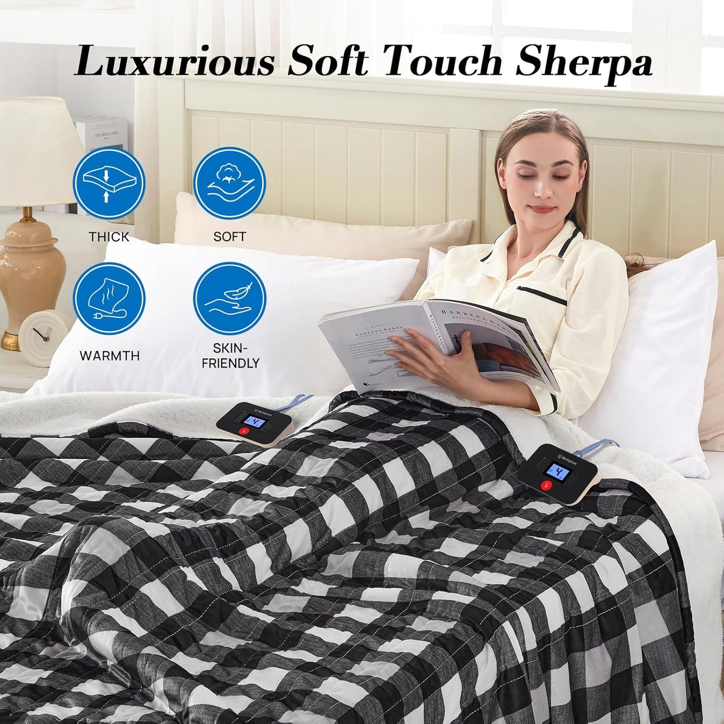 Westinghouse Electric Blanket Queen Size, Soft Flannel to Sherpa Heated Blanket with Dual Control 10 Heating Levels & 1 to 12 Hours Auto-Off, Machine Washable, Fast Heating, 84 * 90 Inch, Black