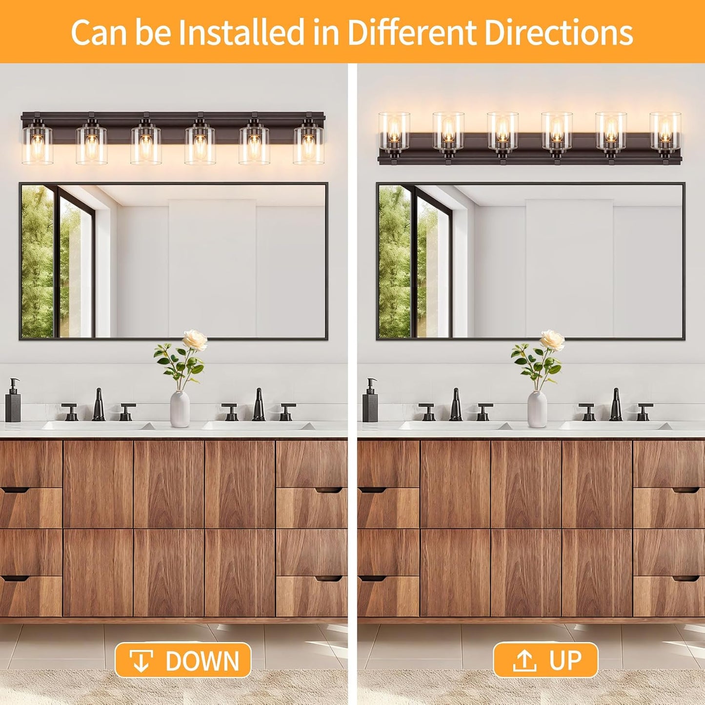 6 Light Modern Bathroom Light Fixtures Over Mirror, Bronze Finish Vanity Lights for Bathroom Wall Sconces with Clear Glass Shades, E26 Socket (Bulbs Not Included)