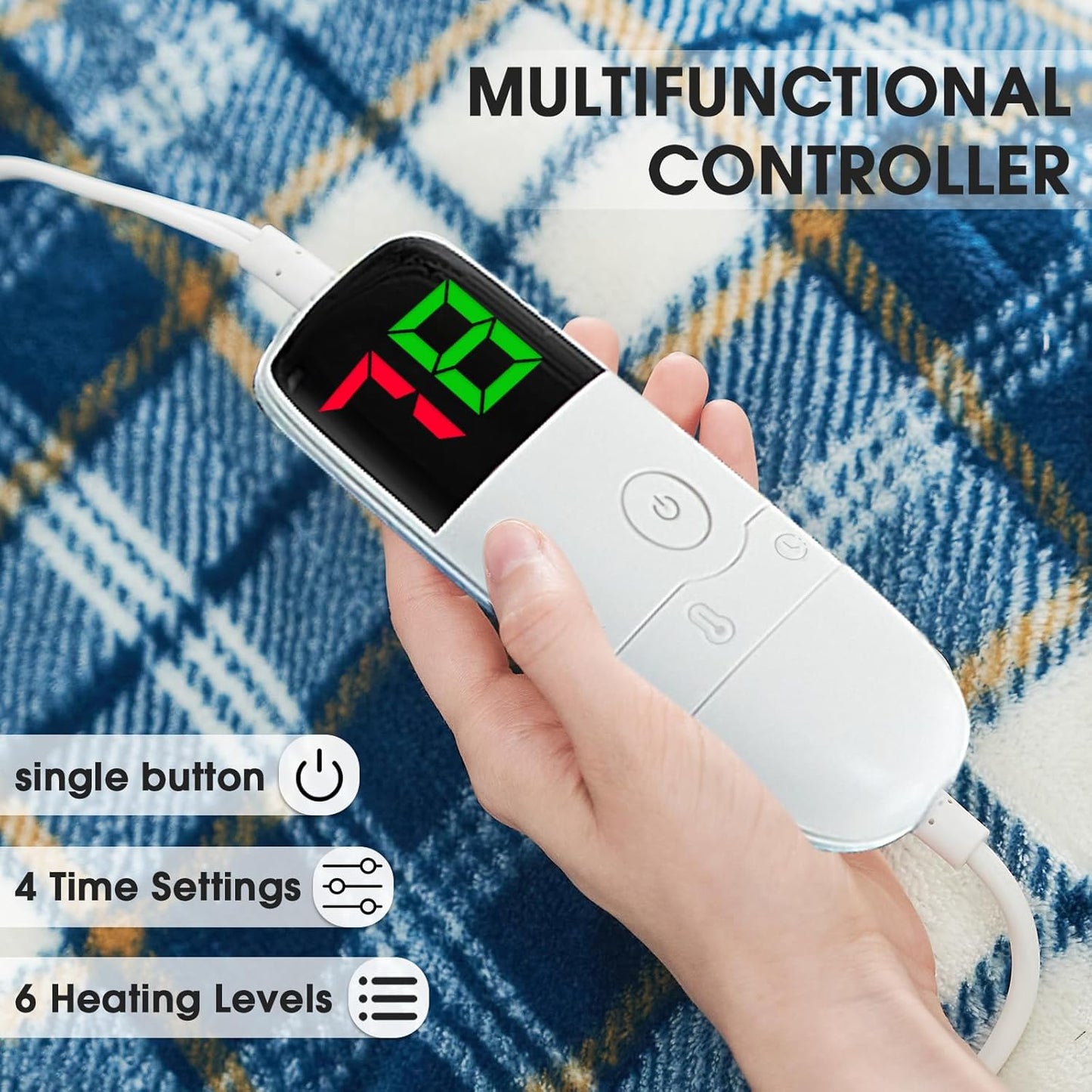 Electric Heated Blanket King Size, 90X100 Heating Blanket King With Dual Control&10 Heats Levels&Timer For Bed,Large Navy Blue Plaid Sherpa Blankets Warmer Gifts for Grandma Women Adults, Washable