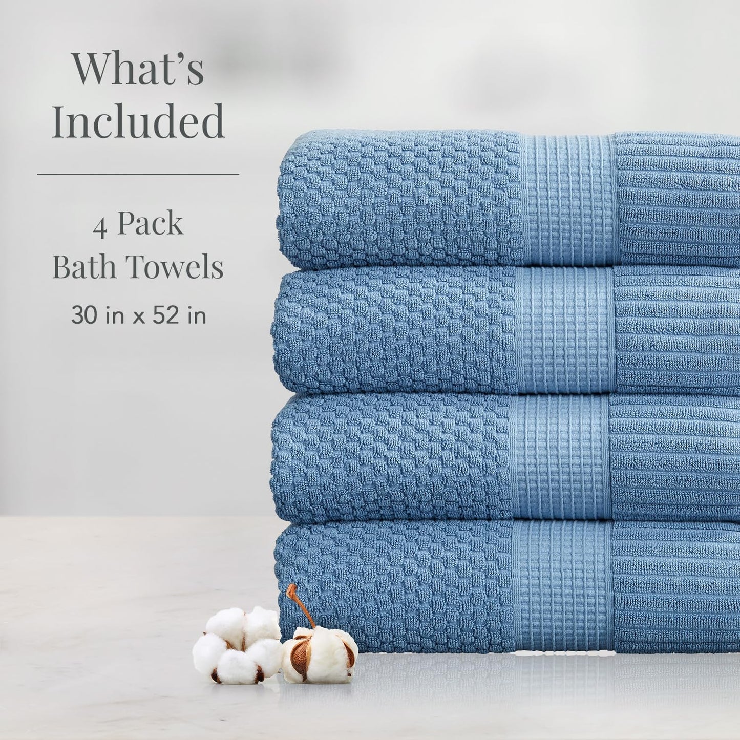 NY Loft 100% Cotton Bath Towel 4 Pack | Super Soft & Absorbent Quick-Dry Bath Towels 30" x 52" |Textured and Durable Cotton | Trinity Collection (4 Pack Bath Towel, Blue Shadow)