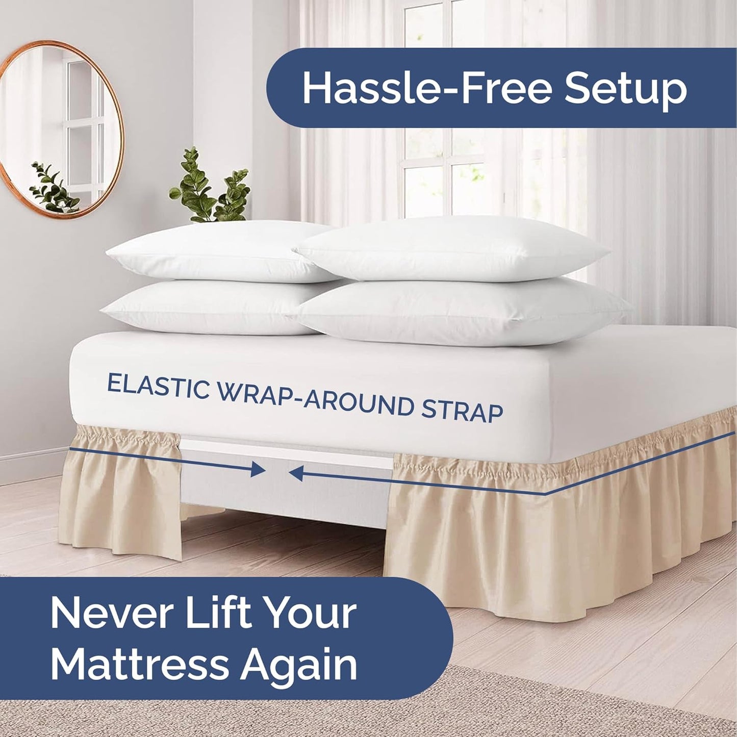 Wrap Around Dust Ruffle Bed Skirt - Cream - for Queen Size Beds with 21 Inch Drop - Easy Fit Elastic Strap - Adjustable Pleated Bedskirt w/Brushed Fabric - Wrinkle Free - for Women, Men, Kids & Teens