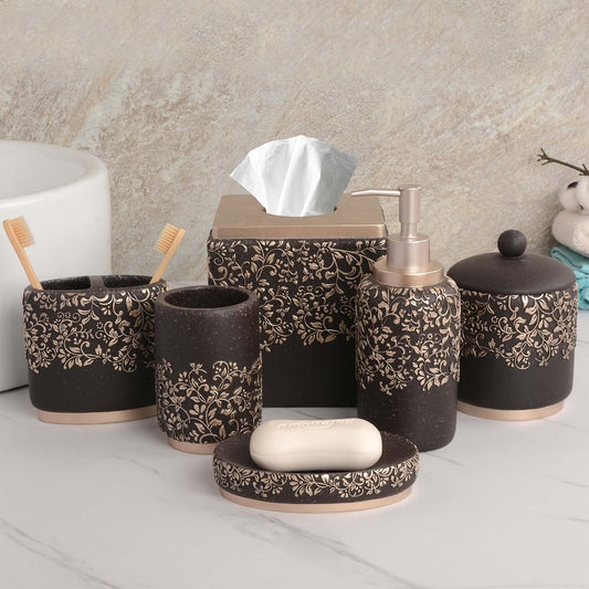 Decozen Bathroom Accessories Set 6Pcs – Soap Dispenser, Toothbrush Holder, Tumbler, Soap Dish & Cotton Swab Jar – Modern Bathroom Decor, Bath Set for Christmas Decor, Stella