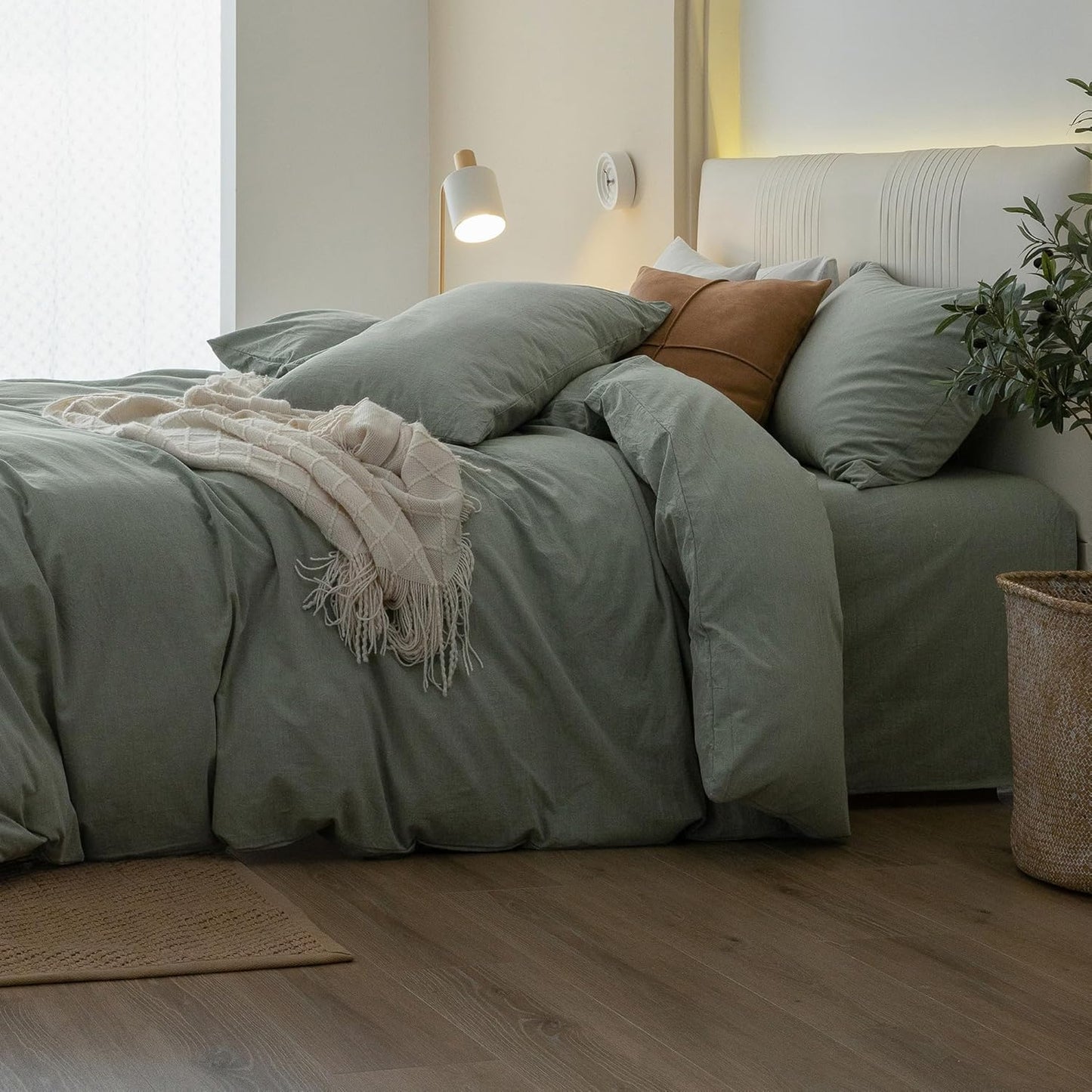 JIYUAN 100% Washed Cotton Duvet Cover Set 3 Pieces Full, 1 Duvet Cover 80x90 Inches(Comforter Not Included) and 2 Pillowcases,Linen Feel Bedding Set Comfy and Breathable, Heathered Green