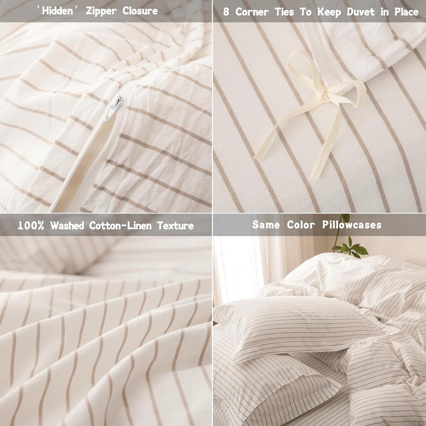 Stripe Duvet Cover King Size 104inch x 90inch,100% Washed Cotton Linen Feel Duvet Cover, Pinstripe Duvet Cover with Zipper Closure and 2 Pillowcases, Color of White and Linen Grey Stripe