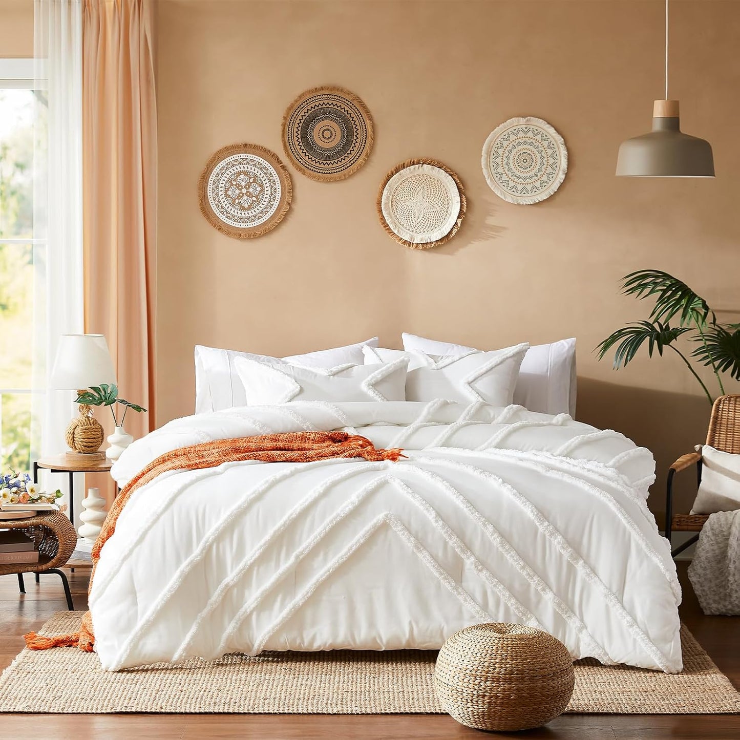 Cupocupa King Size Comforter Set;Ivory Comforters Boho Tufted Lightweight Bedding Sets 3PCS Comforter Soft Jacquard Comforter with 2 Pillow Cases for All Season
