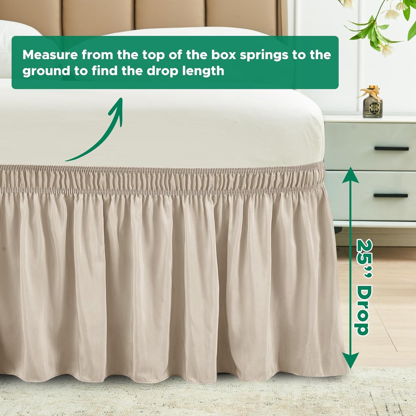 Biscaynebay Wrap Around Bed Skirts for King & Cal King Beds with Extra Long Drop of 25", Light Camel Adjustable Elastic Dust Ruffles Easy Fit Wrinkle Resistant Silky Luxurious Fabric Machine Washable