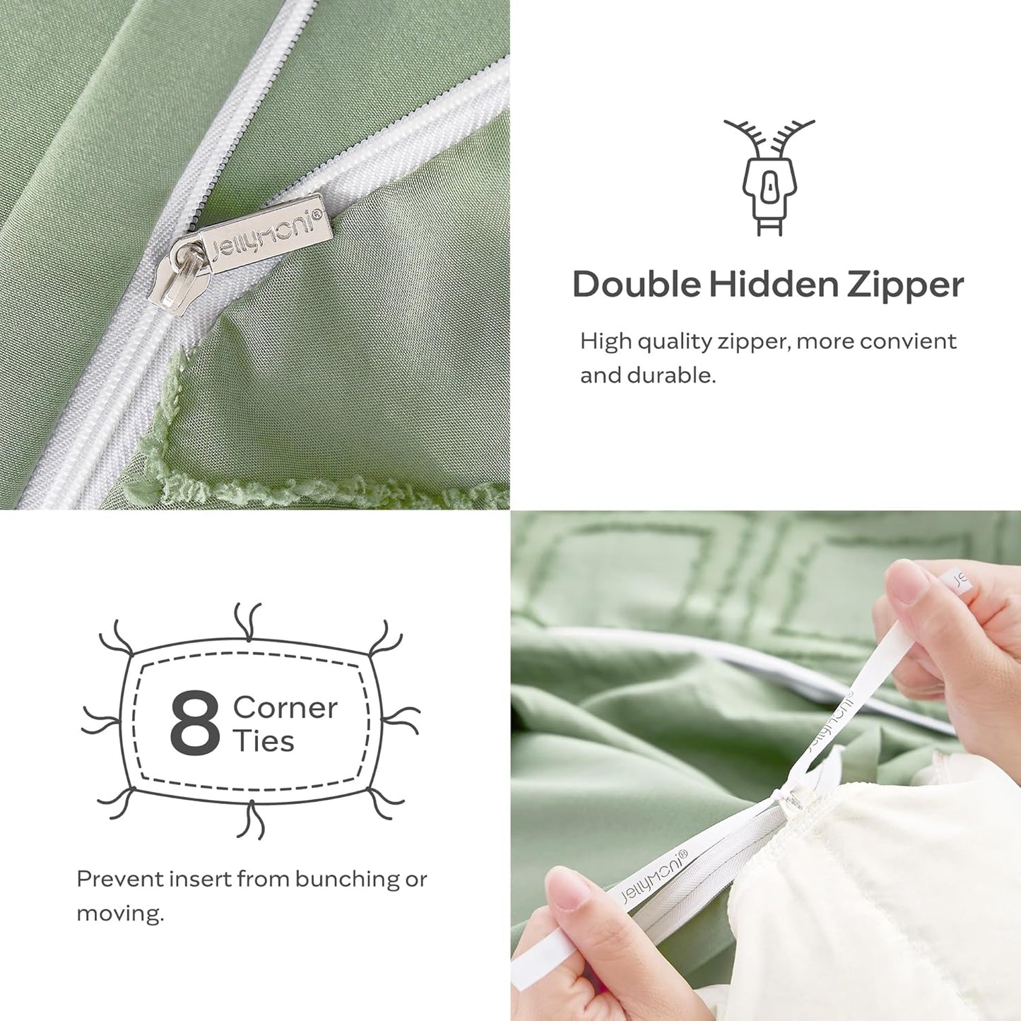 JELLYMONI Duvet Cover King Size Light Green - 3PCS Boho Duvet Cover Set Plaid Polyester Tufted Bohemian Jacquard Knit Textured Comforter Cover 104×90in Rhombic Geometric Pattern Zipper Corner Tie